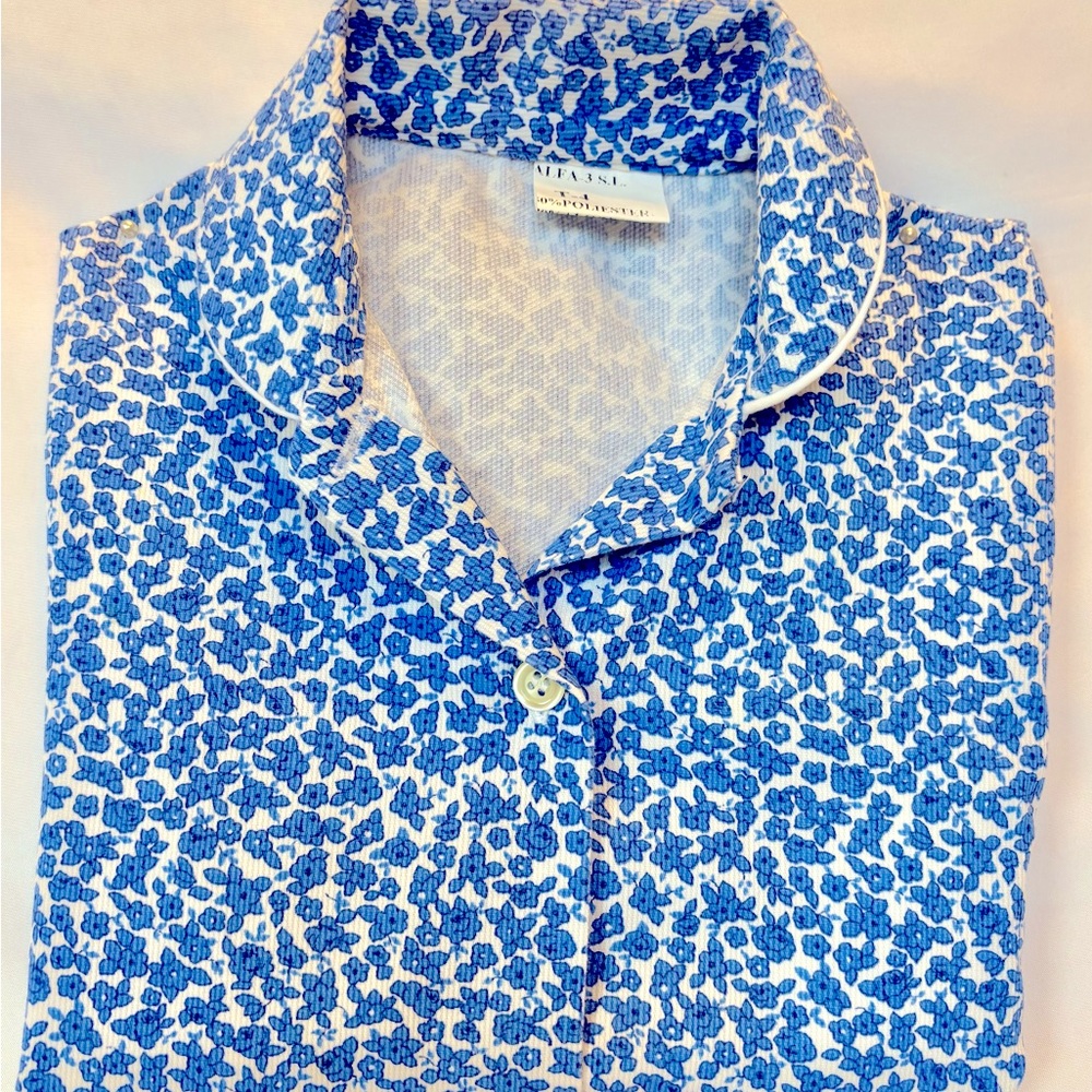 NWOT ALFA -3 SL KIDS UNISEX BUTTON DOWN  BLUE & WHITE FLOWER PRINT SHIRT SIZE 4 - Picture 5 of 10